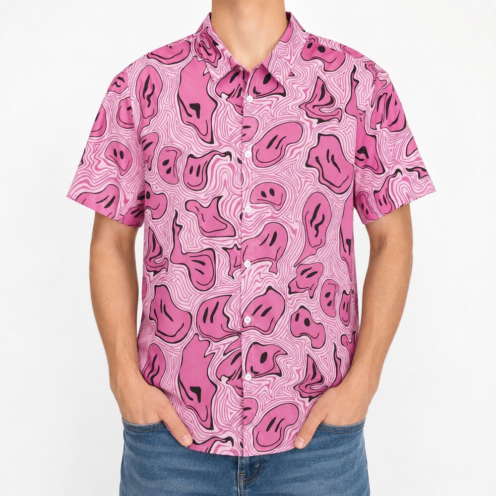 Romwe Shirt Mens XL Pink Trippy Psychedelic Smiley Faces Stretch Short Sleeve